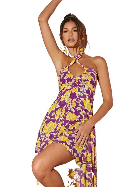 

allover floral print halter neck backless knot high low hem dress u1dx#, Black;gray