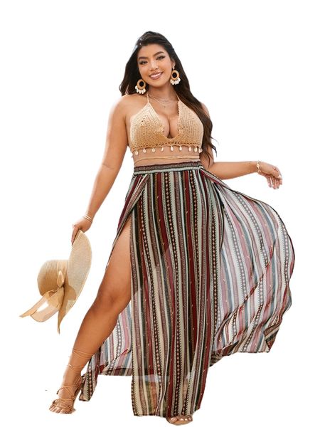 

plus geo & striped print wrap skirt r3fv#, Black