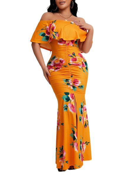 

floral print off shoulder ruched slit mermaid hem dress t2u7#, Black;gray