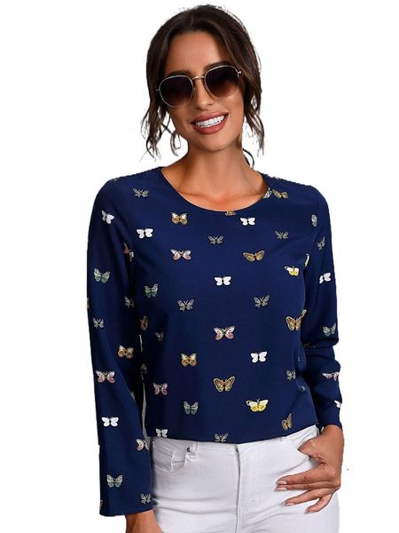 

butterfly print blouse e5n1#, White