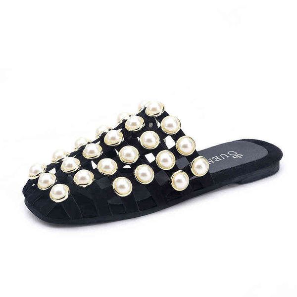 

slippers slides 2022 spring and summer new pure pearl fashion casual beach sandals flat heel women s slippers light shoes 220525, Black