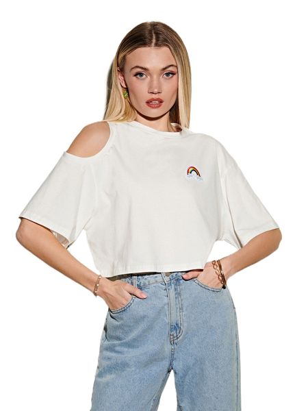 

c.ut o.ut s.houlder rainbow e.mbroidery tee u5cb#, White