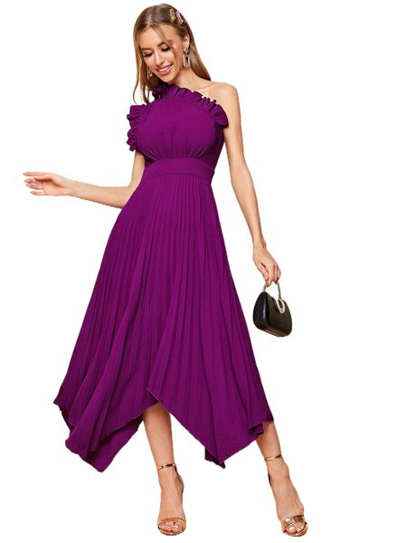 

one shoulder ruffle detail pleated hanky hem dress x5t6#, Black;gray