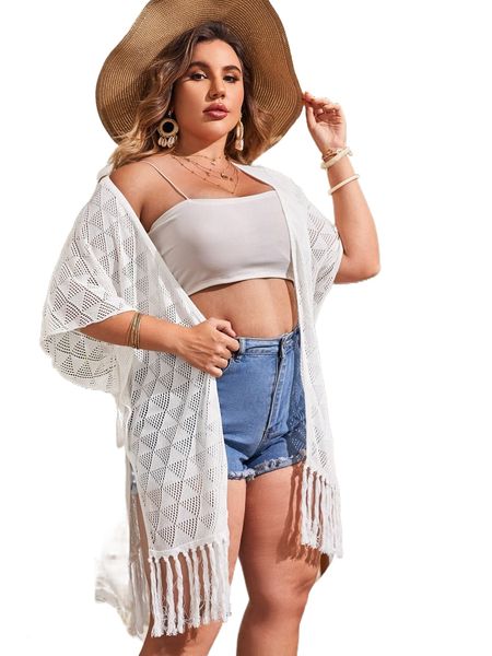 

plus fringe trim split hem kimono without bikini c7tj#, Black;gray