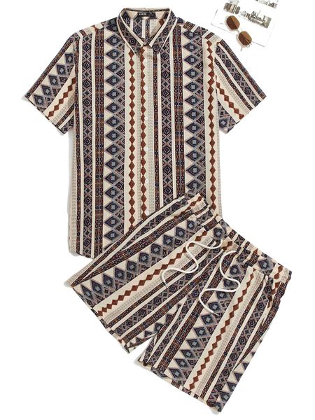 

men geo print shirt & drawstring waist shorts t9uh#, Gray