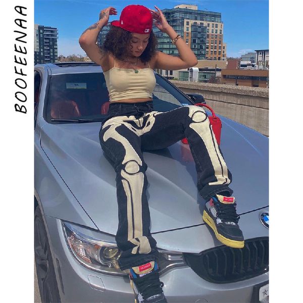 

boofeenaa skeleton patterned low rise jeans streetwear women black denim trousers cyber y2k goth pants fall c82ef60 220526, Blue