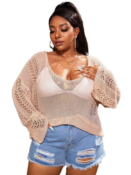 

plus pointelle knit tie back drop shoulder sweater without bra y5e7#, Black