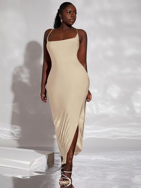 

sxy plus lace up split thigh backless cami dress n0xy#, Black