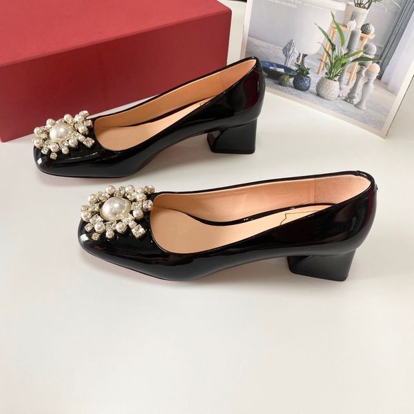 

2022 summer new fashion high heel shoes solid leather party banquet crystal pearl shoes classic, Black