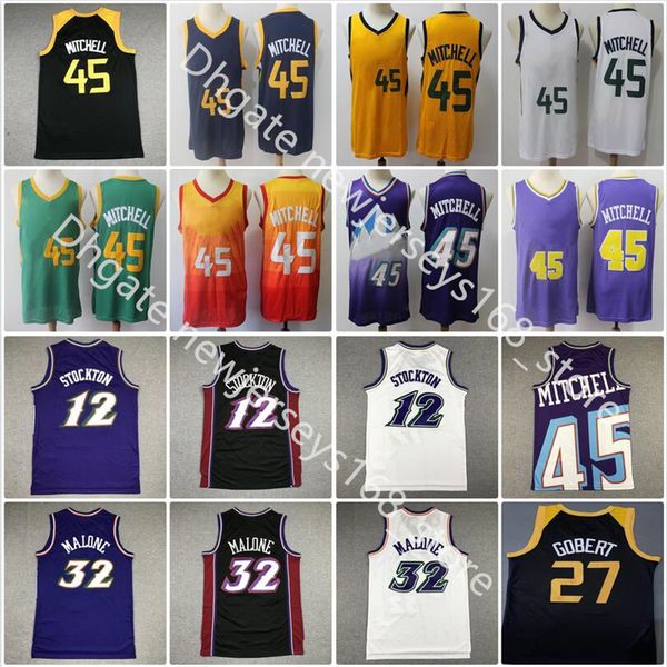 Basket cucito di alta qualità Donovan 45 Mitchell Man Rudy 27 Gobert Blu Bianco Giallo Viola Karl 32 Malone 12 John Stockton Maglia retrò all'ingrosso