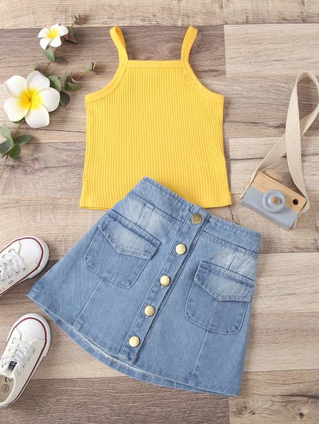 

little girl rib knit suspender and flap pocket denim skirt she, White