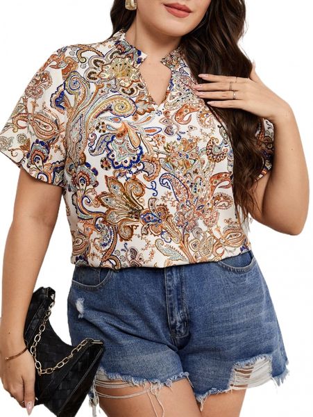 

plus floral & paisley print notched neck blouse i463#, Black