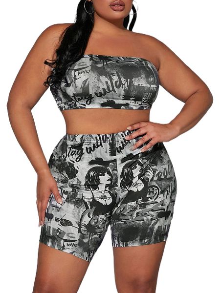 

sxy plus figure graphic crop & biker shorts 326e#, Black