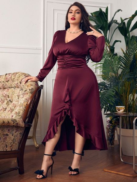 

plus ruffle trim high low dress y0ng#, Black
