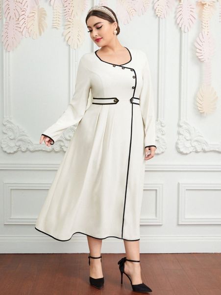 

plus fold pleated contrast binding dress d6mk#, Black