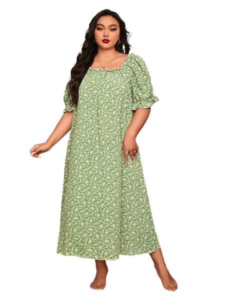 

plus ditsy floral print puff sleeve dress c0b2#, Black