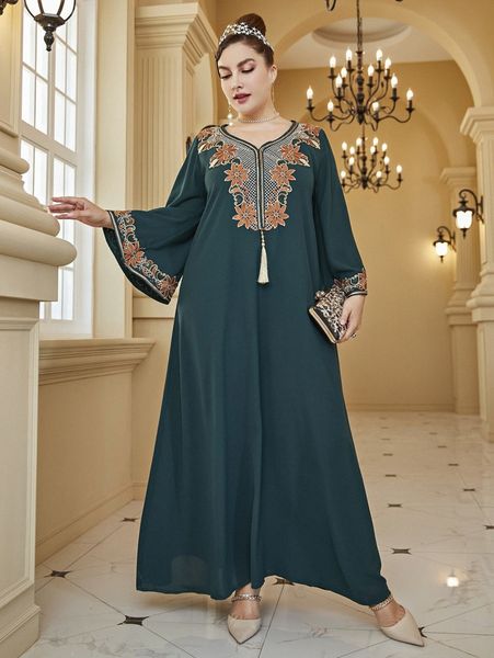 

plus floral embroidery single tassel trumpet sleeve dress r2qp#, Black