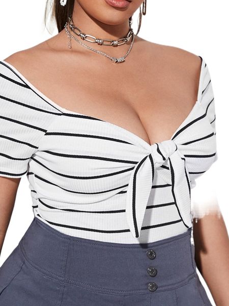 

plus striped knot front sweetheart neckline tee s6bi#, Black