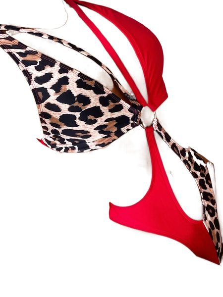 

leopard print ring detail cut out crisscross back monokini a4q0#, White;black