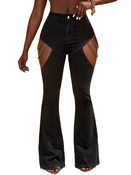 

sxy cut out chain detail flare leg jeans e80z#, Blue