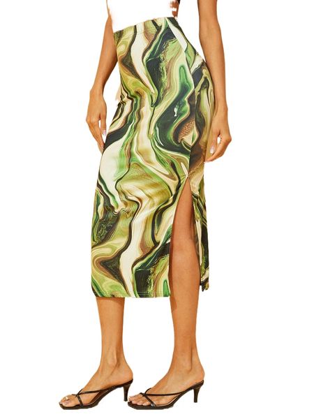 

marble print split hem skirt o5wd#, Black