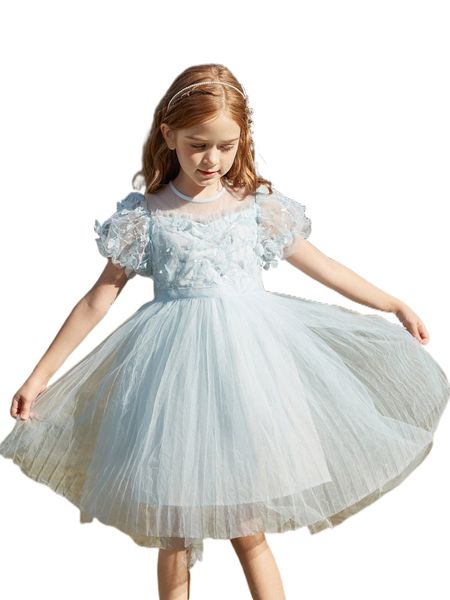 

girls contrast sequin butterfly appliques puff sleeve mesh dress e1vy#, Black;white