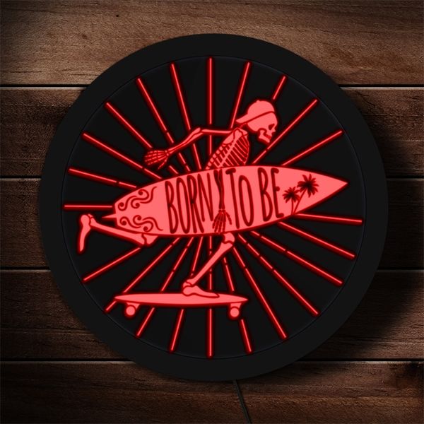 Born to Be Skeleton, personalisiertes, individuelles LED-Neon-Schädel mit Surfbrett, beleuchtetes Display-Schild, Mancave Deocr Surfer-Geschenk 220615