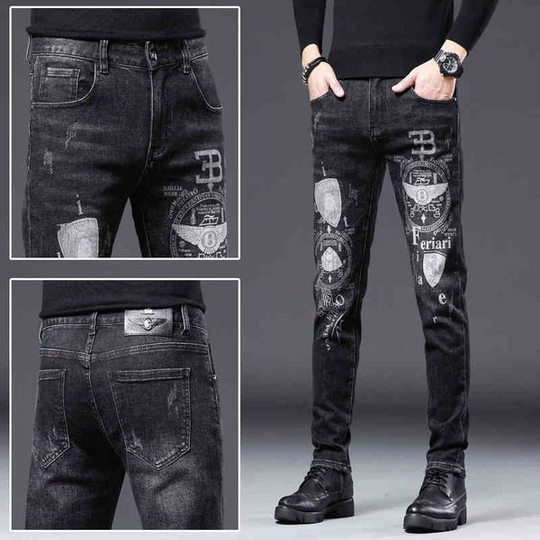 

autumn new black heavy industry print slim legged jeans men's fashion versatile small straight pants, Blue