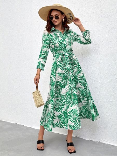 

tropical print belted shirt dress 88lj#, Black;gray