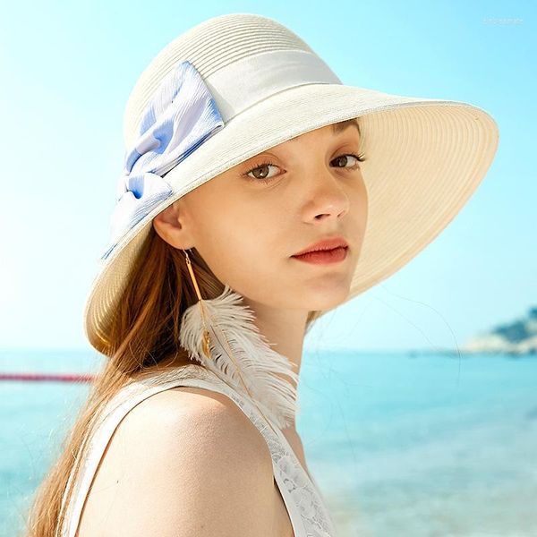 Chapéus de aba larga 2022 Primavera Summer Sun Hat Womens Pasiado Feriado Férias Cool Algodão Linha de Alta qualidade Lady Lady Seaside Beach Elob2