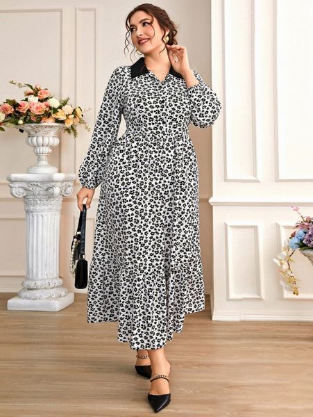 

plus ditsy floral print contrast collar lantern sleeve shirt dress 46gg#, Black