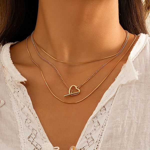 

love heart necklaces collar for women multi layered thin snake chain choker necklaces jewelry collier, Silver