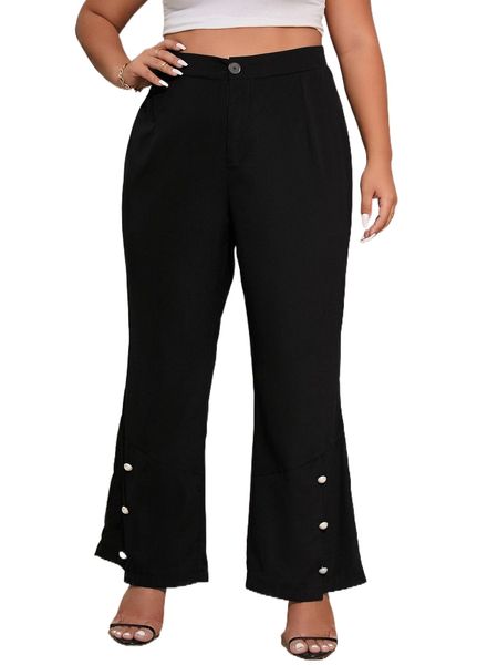 

plus high waist button hem flare leg pants k2go#, Black