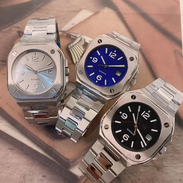 

automatic mechanical mens watches watch black dial with stainless steel bracelet 904l br 05 date squar case limited wristwatches, Slivery;brown