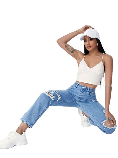 

high waist ripped frayed straight leg jeans w4m9#, Blue