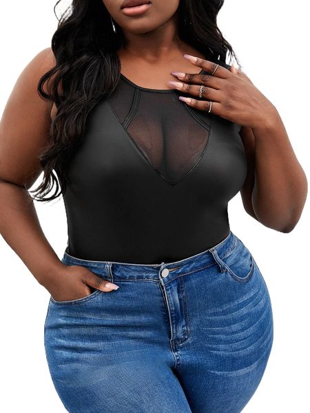 

sxy plus contrast mesh pu leather tank l0zq#, Black