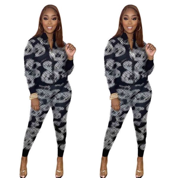 

j2607 women's autumn luxury long-sleeved suit sports commuter temperament fashion print two-piece set, White