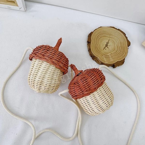 

baby mini bucket purse cute straw crossbody bag rattan woven girl coin pouch kids boy pures and bags gift, White