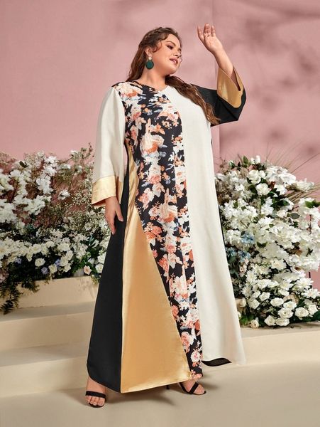 

plus colorblock floral print v-neck dress h2wa#, Black