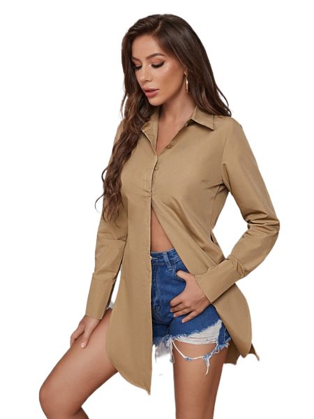 

solid split hem button up longline shirt 06lb#, White