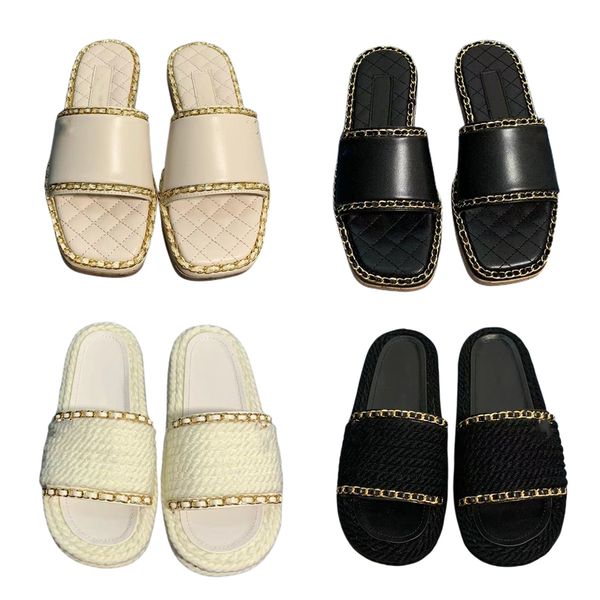 

2022 luxury fashion slippers slide designer women gloden chain sandals soft wood sole street stylish woman slipper shoes autumn summer scuff, Black