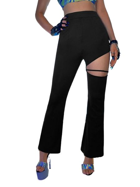 

high waist cut out flare leg pants y5er#, Black;white