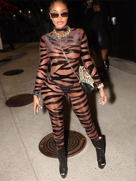 

striped mesh jumpsuit women high street style mock neck long sleeve skinny see through mid waist streetwear female outfits, Black;white
