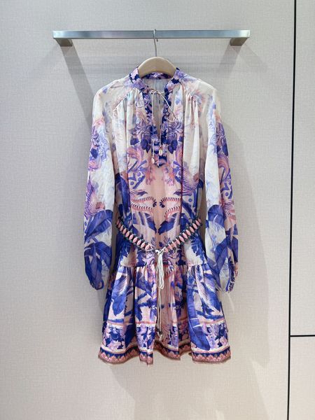 

temperament v stand dress collar design dreamy purple pattern printed lantern sleeve style, Black;gray