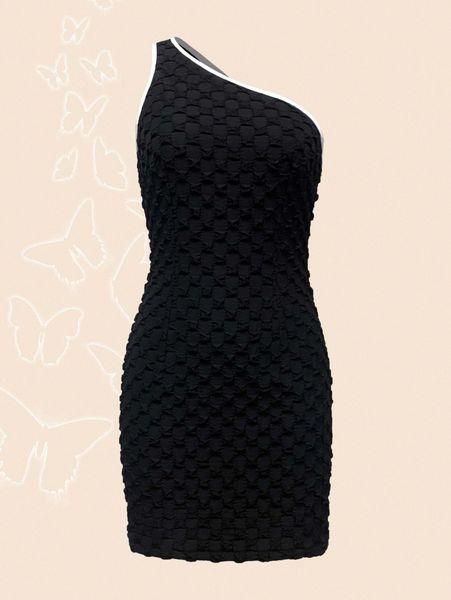 

one shoulder contrast binding textured bodycon dress g2pm#, Black;gray