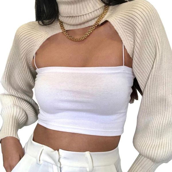 

high collar long puff sleeve knitwear women sweater female fashion elegant solid color pullover, White;black