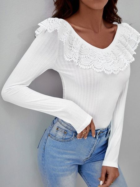 

solid guipure ruffle trim ribbed knit p3xz#, White