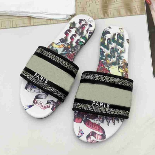 

summer embroidered designer slippers classic fashion prints stripe real leather beach sliders sandal with box, Black