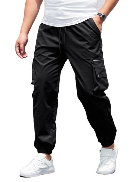

men flap pocket side drawstring waist cargo pants v2pu#, Black