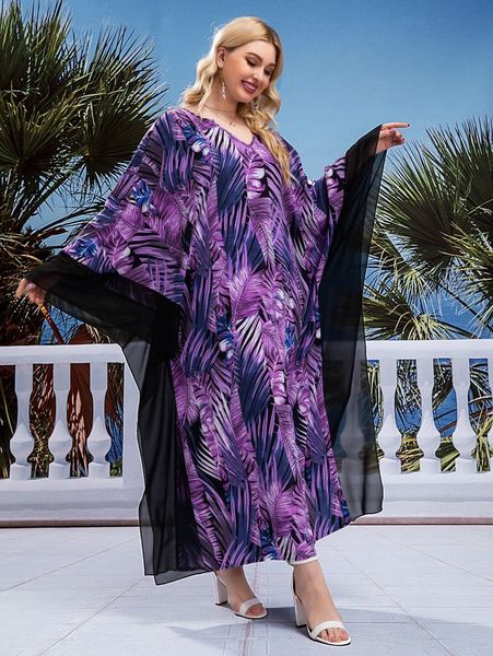 

plus tropical print mesh trim batwing sleeve dress d0ow#, Black